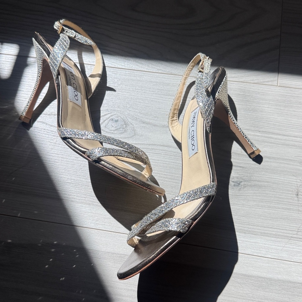 Jimmy Choo Gold Glitter Strappy Slingback Sandals